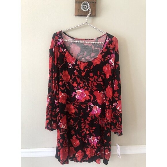 NWT Apt 9 Womens Plus Size 3X Black Red Floral Tunic Top Dress Long Sleeve - Picture 1 of 6